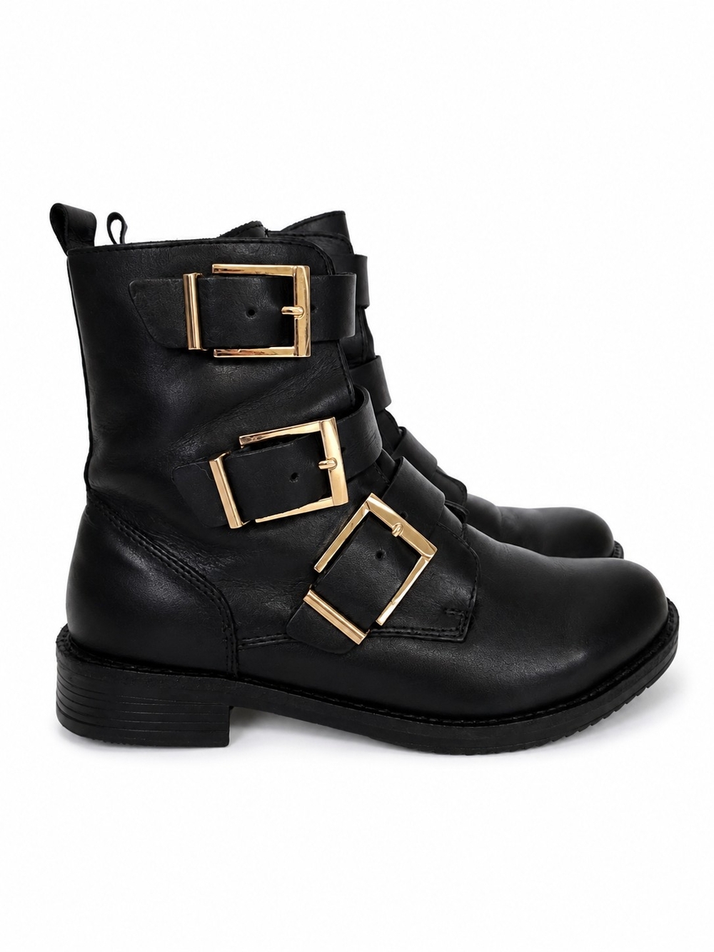 le chateau Black Italian Leather Ankle Combat Boots with Gold Buckle Size 39 - Picture 1 of 8